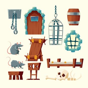 Vector cartoon medieval prison set, torture objects