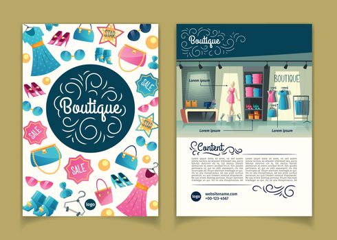 Vector brochures with girls boutique, cartoon booklet