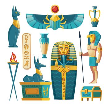Vector cartoon Egyptian set - pharaoh sarcophagus, gods.