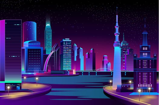 Vector city, megapolis on river at night.
