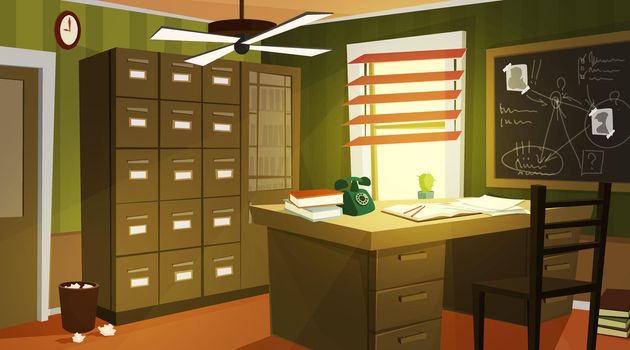 Private detective office interior cartoon vector