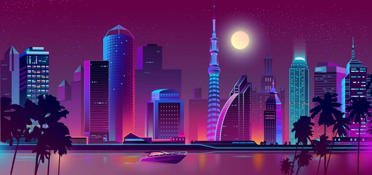 Vector night purple city, river with boat