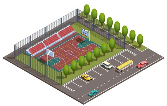 Vector 3d isometric basketball field, car parking