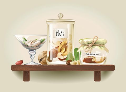 Nuts in glass jars on wooden shelf