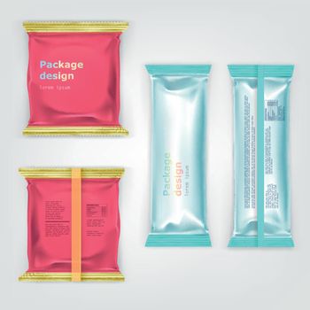 Colored branded foil food packages vector set 