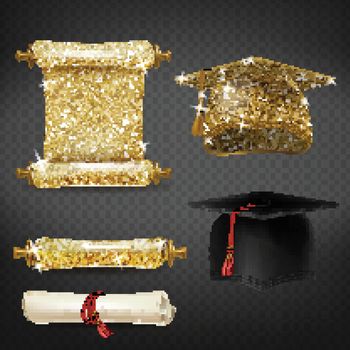 Vector set with graduation caps and diplomas