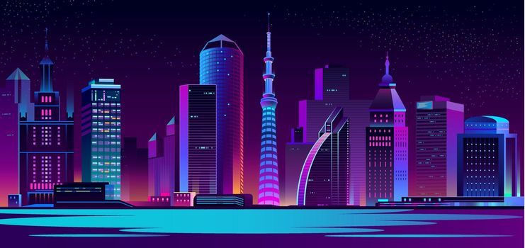Vector neon megapolis background with buildings, skyscrapers