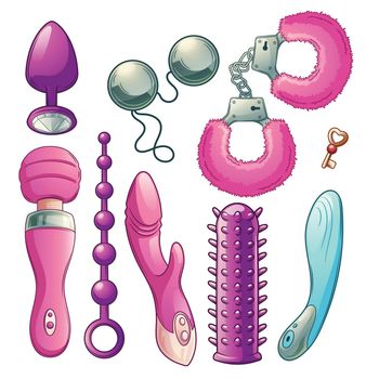 Sex toys for women pleasure cartoon vector set