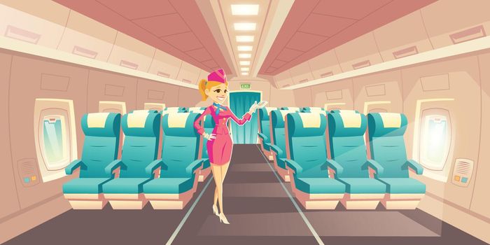 Stewardess in airplane cabin interior vector