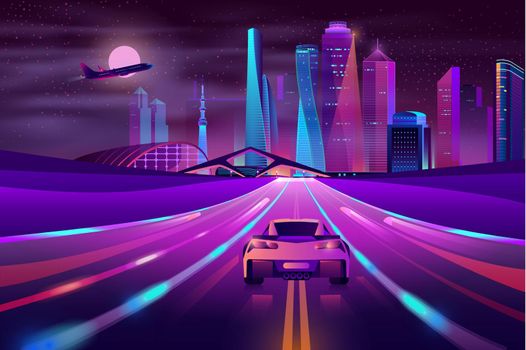 Future metropolis highway neon cartoon vector