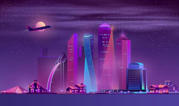 Vector neon megapolis background with buildings, houses