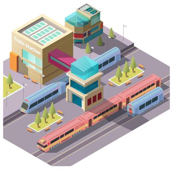 Train station building isometric vector with modern passenger locomotives and wagons moving near railway platform and terminal 3d illustration. Public transport infrastructure design element