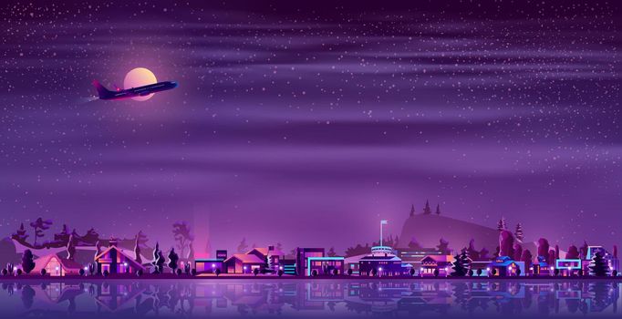 Vector background with neon fisher village at night. Ultraviolet light, illuminated huts,houses in rustic style. Building near of water, lake or river. Full moon with flying plane over the countryside