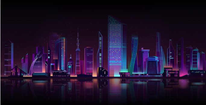 Metropolis night background neon cartoon vector