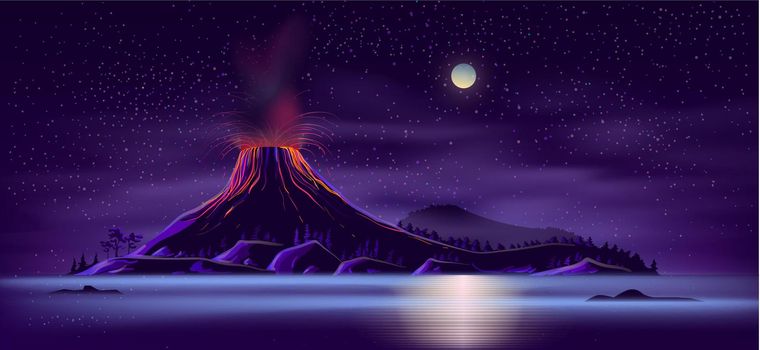 Deserted island with active volcano cartoon vector