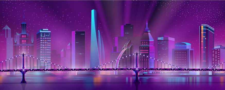 Metropolis downtown night landscape cartoon vector