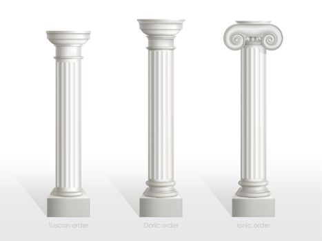 Antique columns set of Tuscan, Doric, Ionic Order.