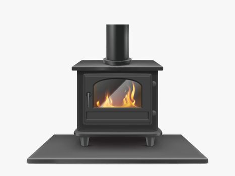 Wood burning stove iron fireplace with fire inside