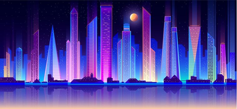 Modern metropolis night cityscape flat vector