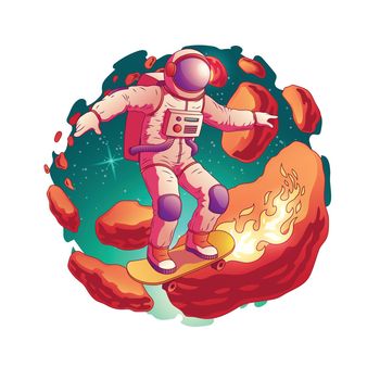 Astronaut riding skateboard in space vector