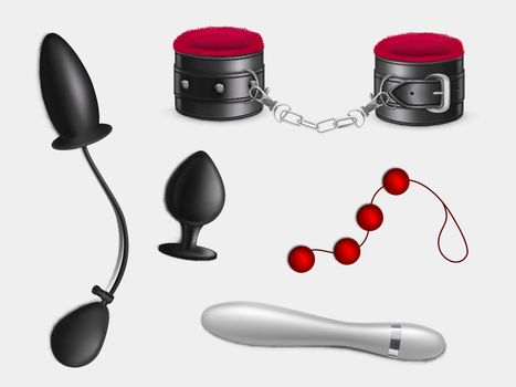 Sex toys, bondage accessories realistic vector set