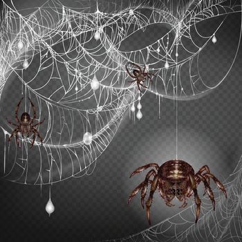 Web with frightening spiders 3d realistic vector