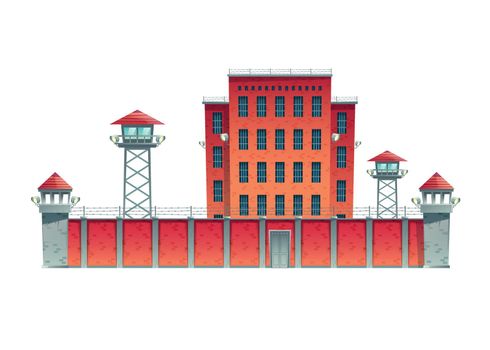 Prison building behind high fence cartoon vector