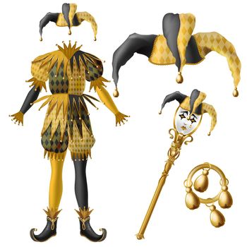 Jester costume elements realistic vector set