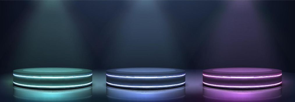 Neon podiums glowing in darkness realistic vector