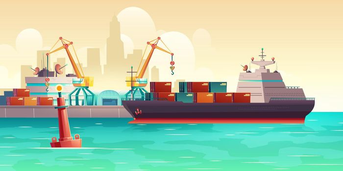 Cargo ship loading in port cartoon vector