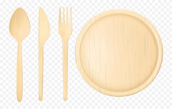 Disposable wooden tableware realistic vector set