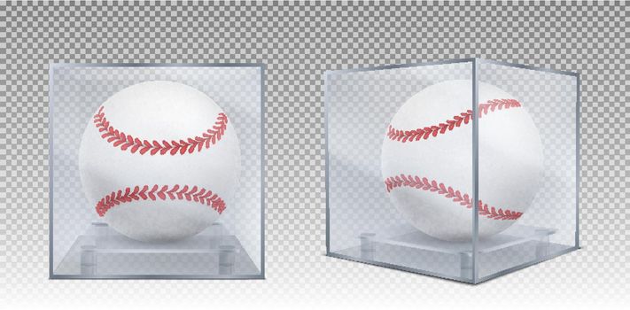 Baseball balls in glass case front and corner view