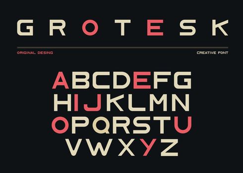 Latin alphabet, sans serif font in grotesk style