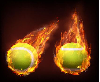 Tennis balls flying in flames realistic vector