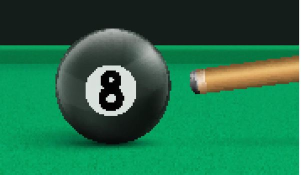 Billiard eight ball and cue on green cloth table