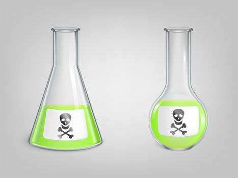 Flasks with green poison and skull with bones sign