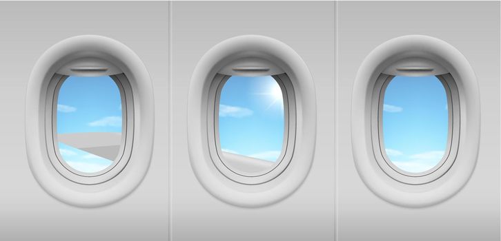 Airplane portholes with sky and wing view