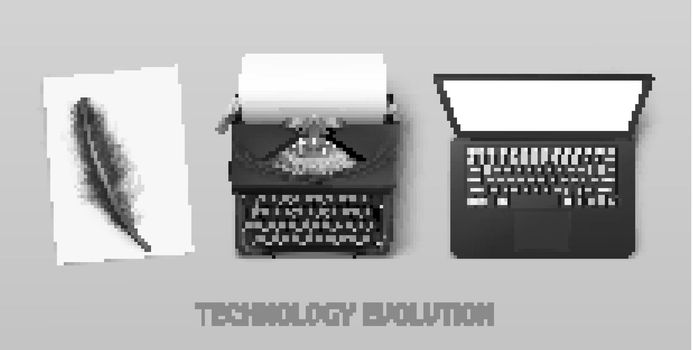 Technology evolution from ancient feather to vintage typewriter and modern laptop. Vector concept illustration of progress in writing literature from paper to computer with keyboard and screen