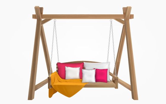 Wooden porch swing bench with pillows and blanket