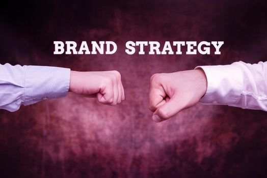 Hand writing sign Brand Strategy. Conceptual photo longterm plan executed for the development of a good product Two Professional Well-Dressed Corporate Businessmen Handshake Indoors