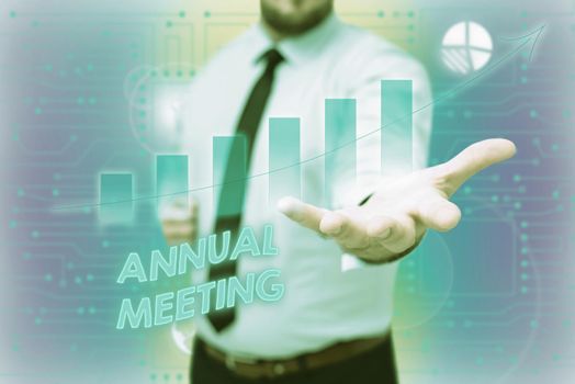 Conceptual caption Annual Meeting. Word for scheduled annually for the discussion of the business future Gentelman Uniform Standing Holding New Futuristic Technologies.