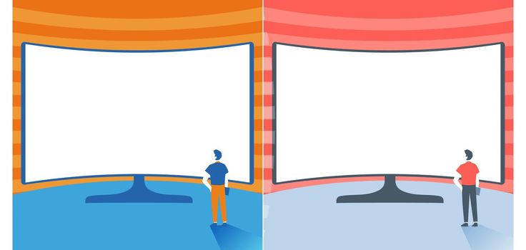 Man Standing Illustration Standing Infront Of Huge Display Monitor, Gentelman Watching Extra Large Projector Presentation Screen, Adult Next To Big Television.