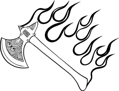 illustration of ax with flames in white background