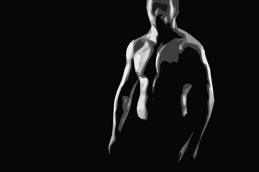 Monochrome illustration of a muscle man on black background 