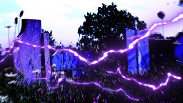 3d illustration - Horror Grave Yard Scary Artsy Graveyard with lightning