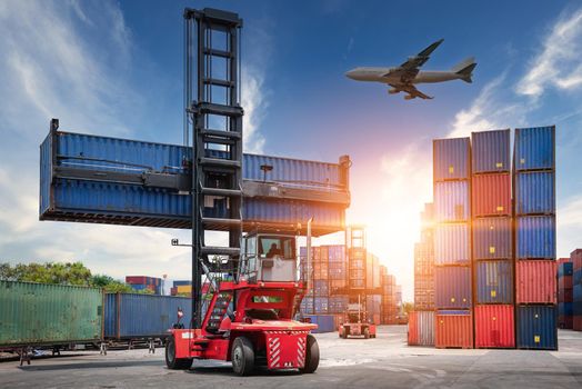 Container Cargo Port Ship Yard Storage of Logistic Transportation Industry. Forklift is Stacking Containers of Freight Import/Export Shipment. Business Shipping Logistics Service Transport Industrial