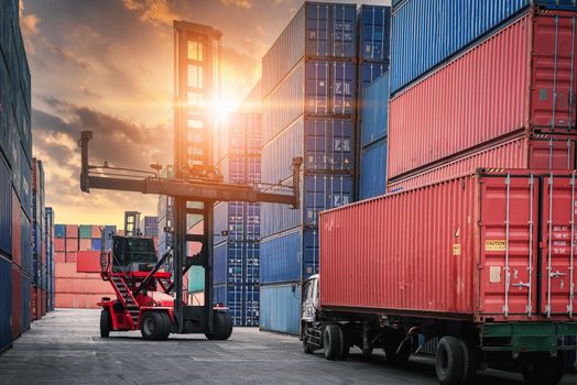 Container Cargo Port Ship Yard Storage of Logistic Transportation Industry. Forklift is Stacking Containers of Freight Import/Export Shipment. Business Shipping Logistics Service Transport Industrial