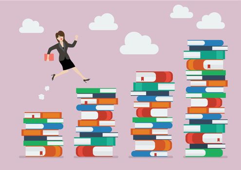 Business woman jumping over higher stack of books
