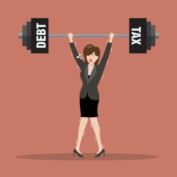 Business woman lifting a heavy weight of debt and tax