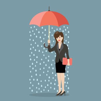 Business woman being wet from raining instead she holding umbrella